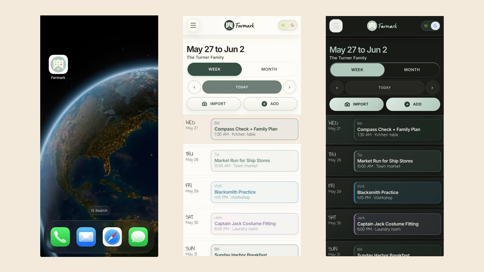 Farmark shared family calendar shown on phones