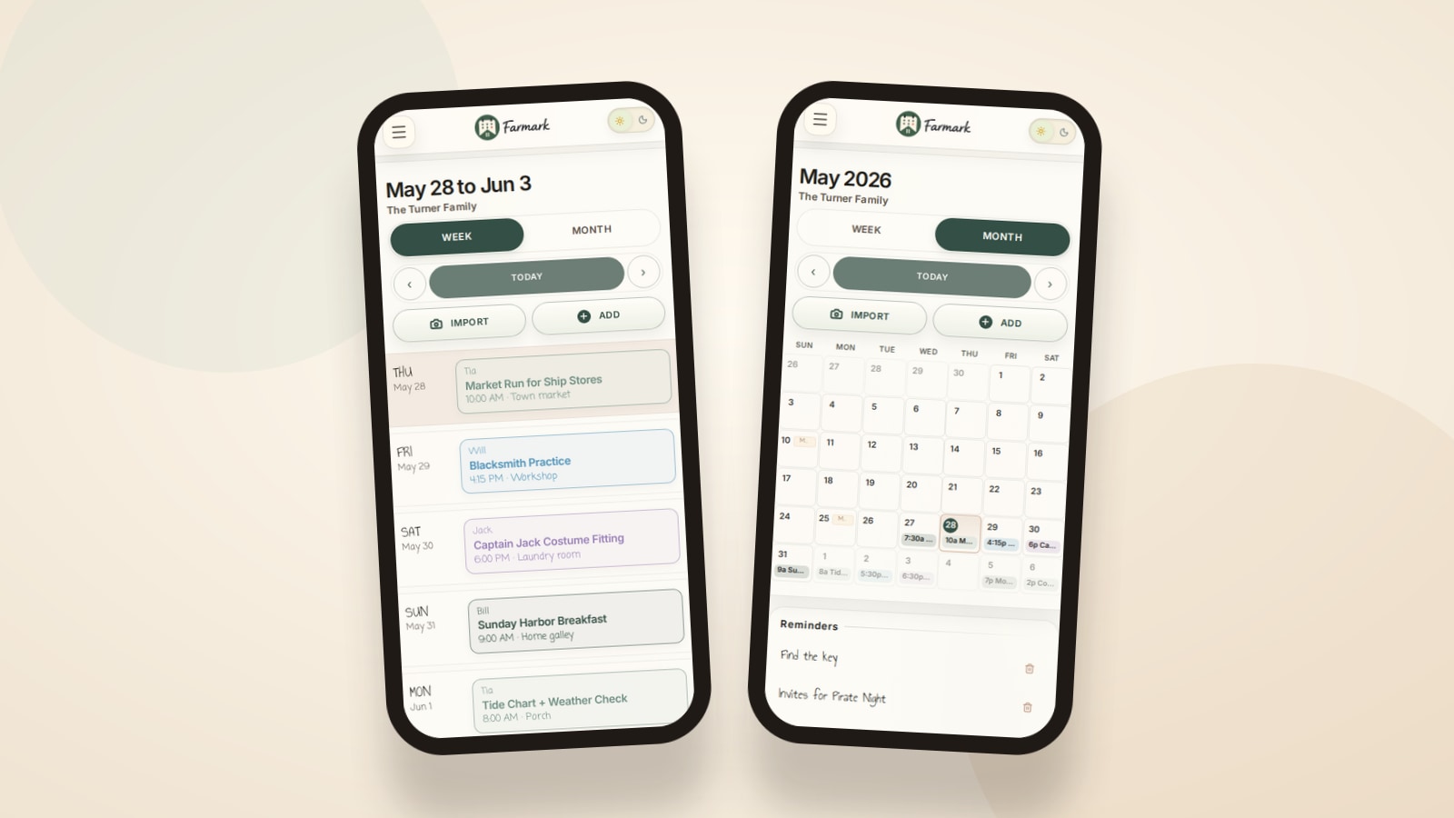 Farmark mobile calendar screens shown on phones with one consistent background