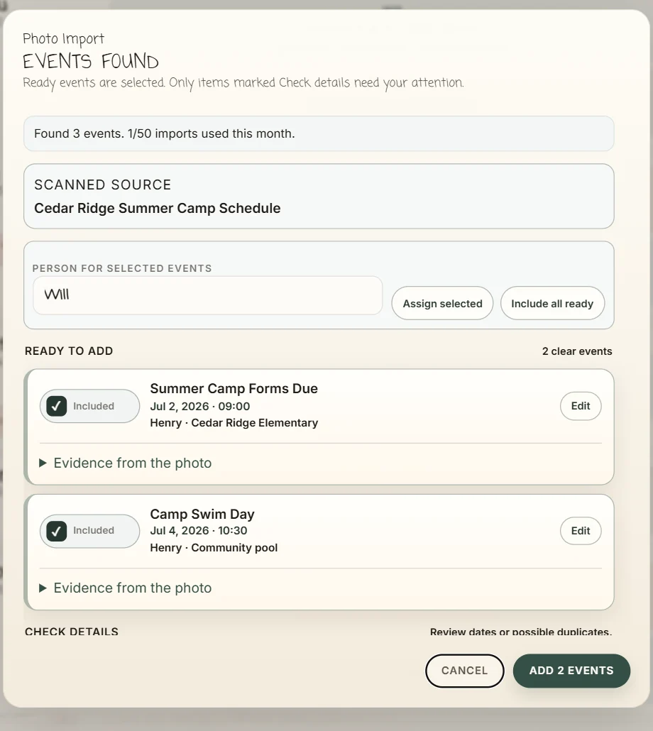 Example Farmark Photo Import review screen showing two selected events and evidence controls